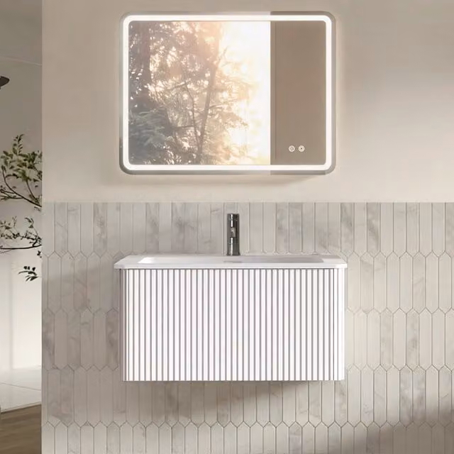 Set mobile bagno sospeso con lavabo integrato e specchio LED rotondo da 80 cm