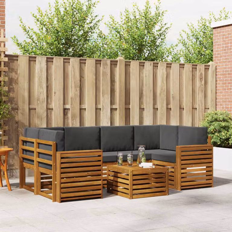 vidaXL Set di divani da esterno a L in legno di acacia con tavolo da caffè, 7 pezzi, Beige e Antracite