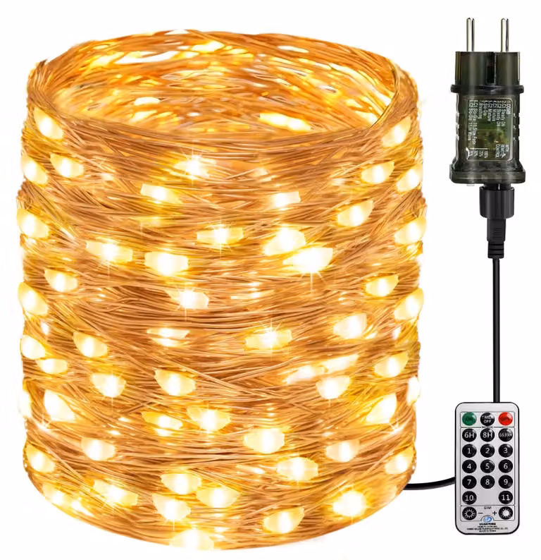 Catena luminosa con 100 LED, lunghezza 10 metri, luce bianco caldo, con telecomando, dimmerabile, con timer