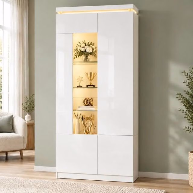 Vetrina alta 80x35x180 cm in MDF bianco lucido con LED Bluetooth e ante in acrilico