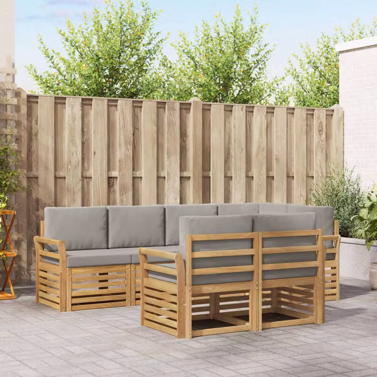 Set di divani da esterno vidaXL 7 pz in legno di acacia con cuscini Bianco e Grigio