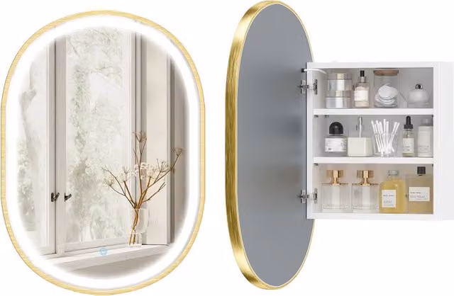 Specchio da bagno ovale XYLO con LED e funzione antiappannamento, colore oro, L: 70 cm, H: 50 cm, P: 14,5 cm
