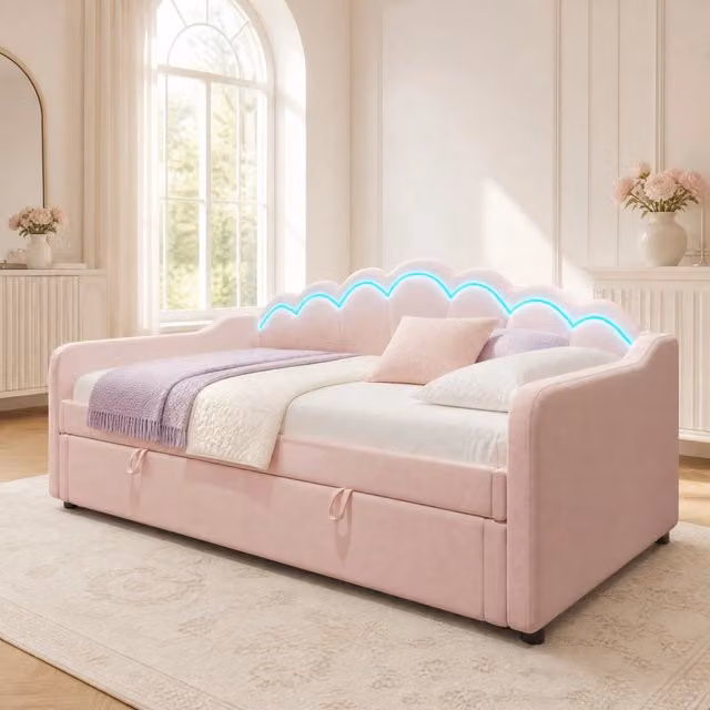 Letto singolo 90x200 cm con vano contenitore idraulico e LED multicolore; velluto rosa