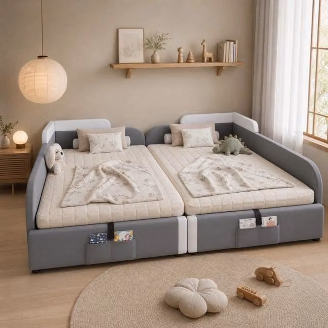 Letto imbottito per bambini con contenitore idraulico e mensola laterale in tessuto grigio, L/P/H: 205 x 90 x 71 cm