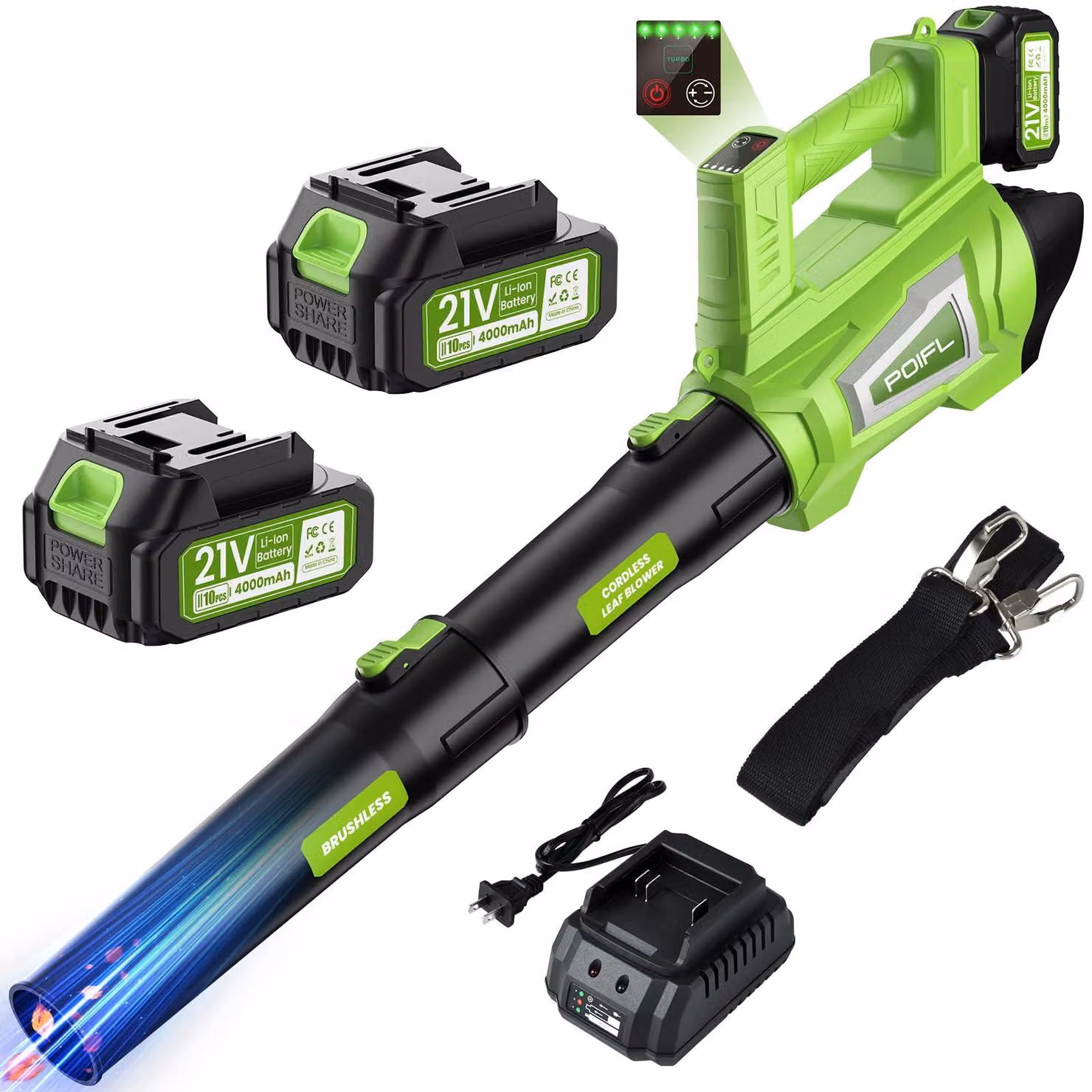 Soffiatore elettrico - 21 Volt - Batteria: 2 x 4000 mAh - 6 velocità - Portatile - Soffiatore per giardino