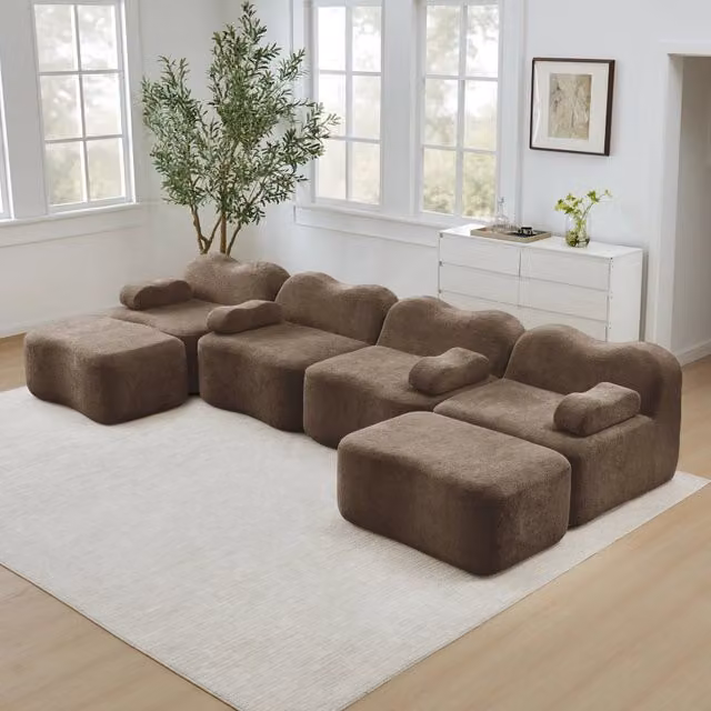 Divano Modulare a U MINIMAL da 4 Posti con 2 Ottoman in Tessuto Marrone e Velluto
