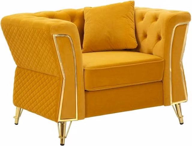 Poltrona moderna GIORDANOSHOP in velluto giallo oro con braccioli e struttura in legno e metallo L: 104 cm, P: 83 cm, H: 76 cm