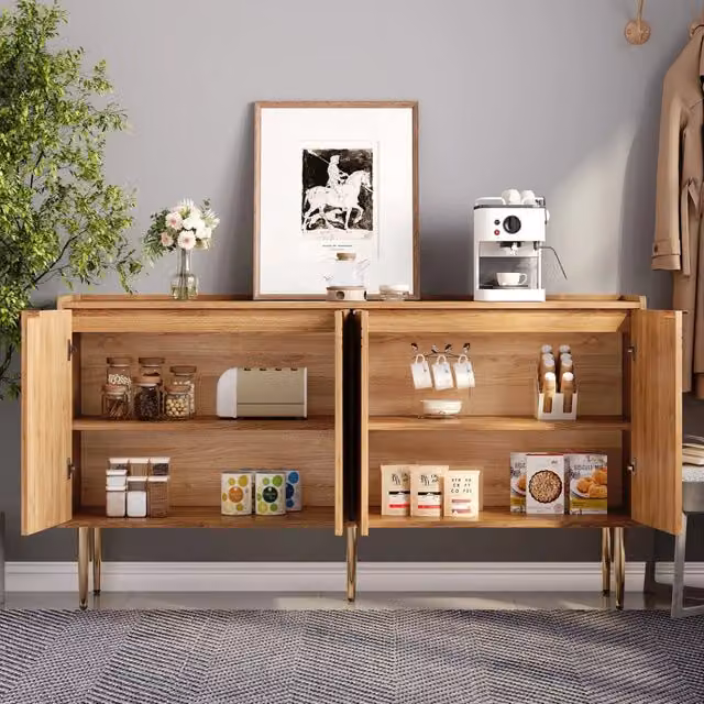 Sideboard moderno WISHDOR con 4 ante e ripiani regolabili, effetto legno naturale beige e dettagli oro, L: 140 cm, P: 38 cm, H: 75 cm