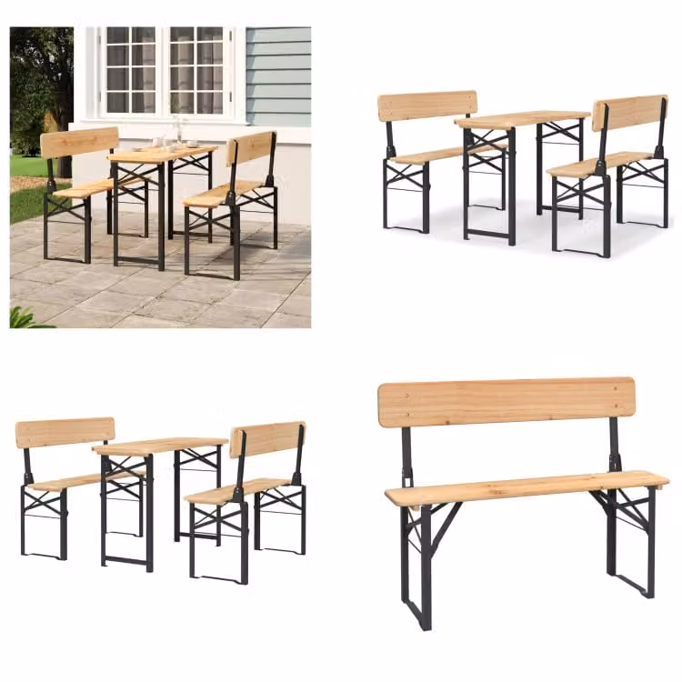 vidaXL Set 3 pezzi tavolo da birra pieghevole in legno massiccio di abete - Set da giardino per birra - Set da giardino per birra - Set da tavolo per birra - Set di mobili da giardino