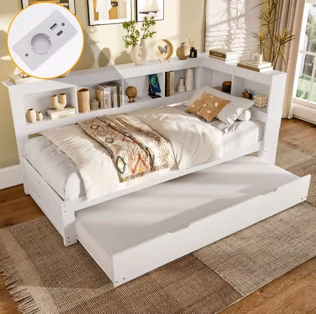 Daybed 90x200 cm con letto estraibile, presa e 2 USB, bianco