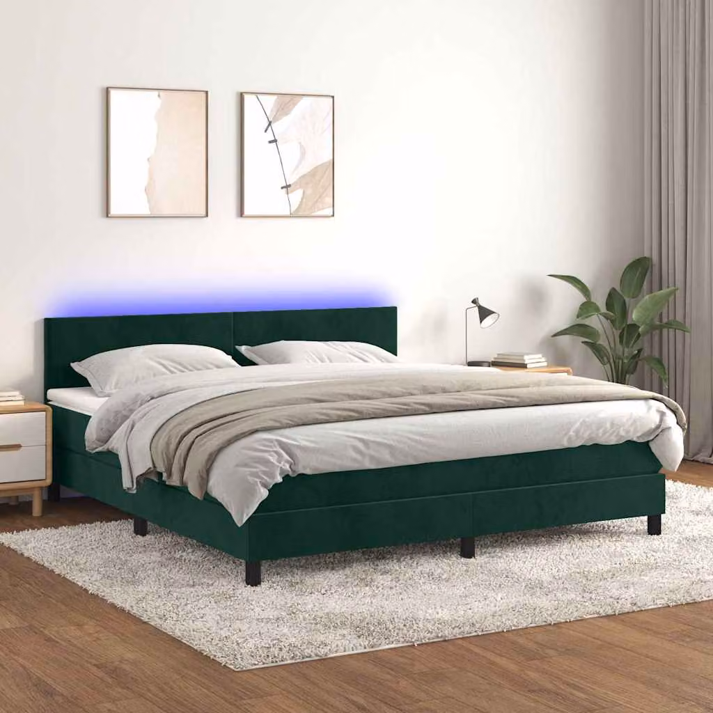 Letto Ibrido con Materasso e Illuminazione LED vidaXL in Velluto Verde Scuro L: 180 cm, P: 200 cm, H: 203 cm – 1