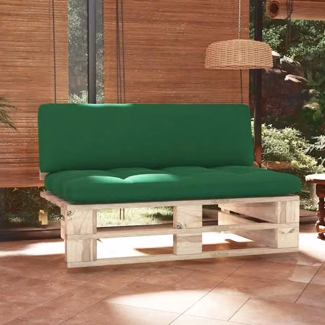 Divano centrale componibile da giardino in legno di pino impregnato con cuscini verdi e grigi in stile rustico