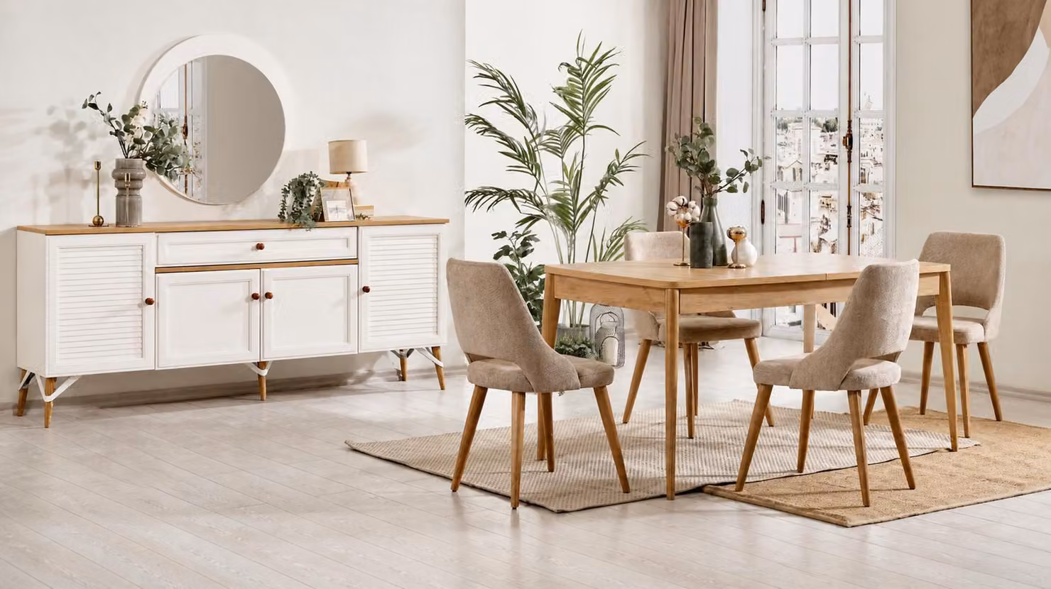 Elegante set da pranzo composto da tavolo, 4 sedie, credenza e specchio