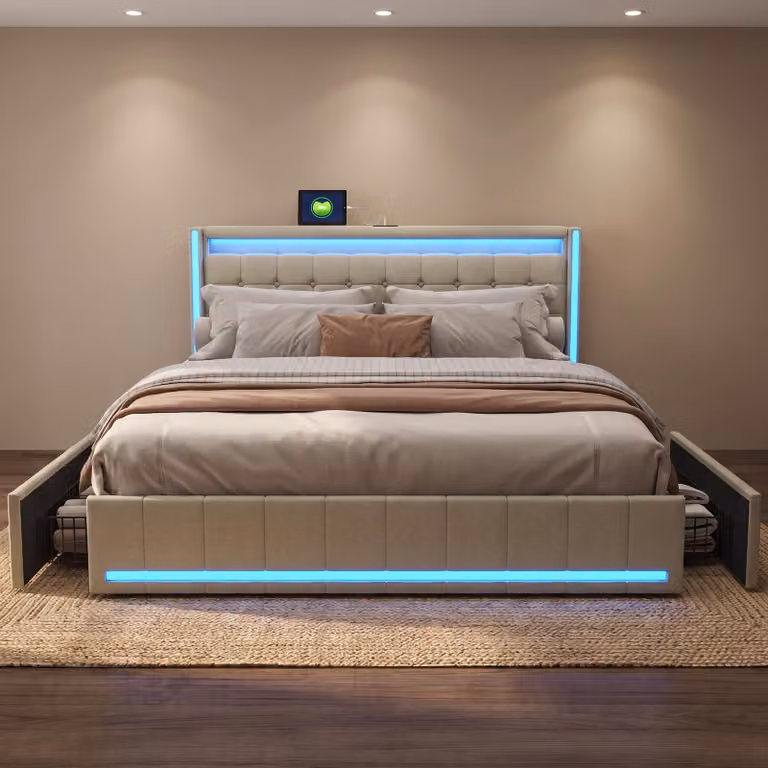 Letto contenitore 140x190 cm, letto con spazio contenitore, 4 cassetti, letto imbottito con LED e USB, struttura del letto matrimoniale con rete a doghe, letto per ragazzi, colore: lino, beige