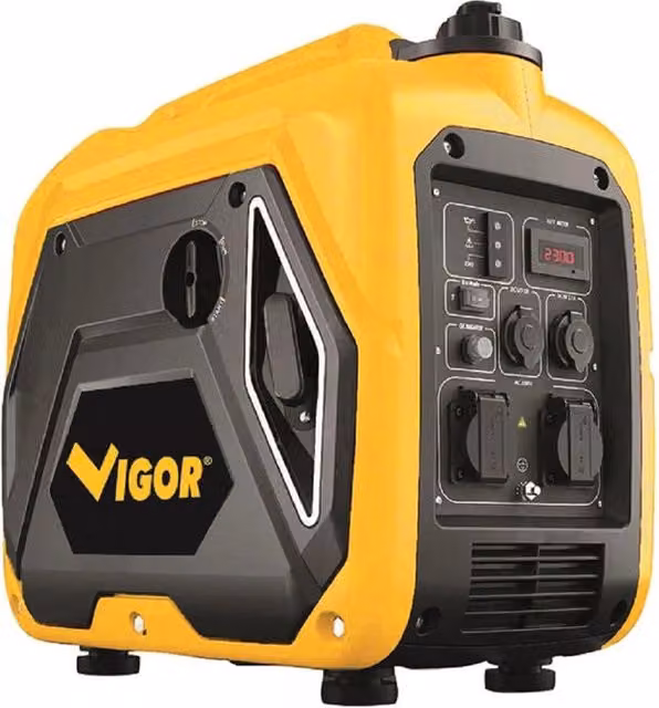 Generatore di corrente inverter Vigour a benzina con motore a 4 tempi da 798 cc, potenza 2000 W, 2 prese 230 V, colore giallo