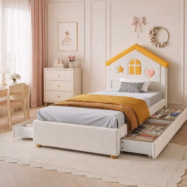 Letto per bambini 90x200 cm a forma di casa imbottito beige con 4 cassetti in velluto francese