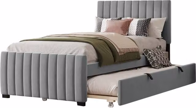 Letto singolo per bambini 90x190 cm con letto estraibile e rete a doghe in velluto grigio