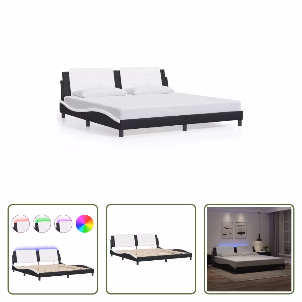 The Living Store Struttura letto con LED bianco e nero 200x200 cm in ecopelle