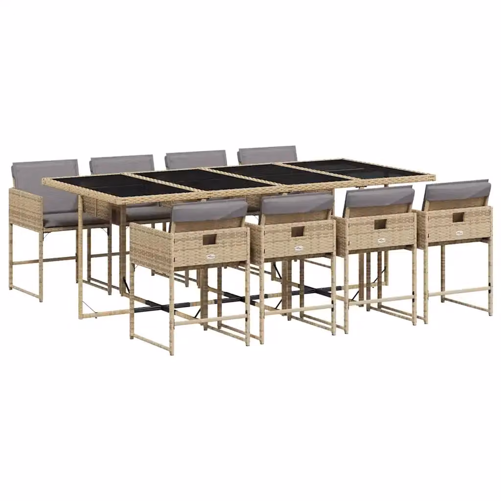 Set Pranzo da Giardino vidaXL in Polyrattan con Cuscini e Tavolo in Vetro, 9 Pezzi, Colore Beige Misto – 2