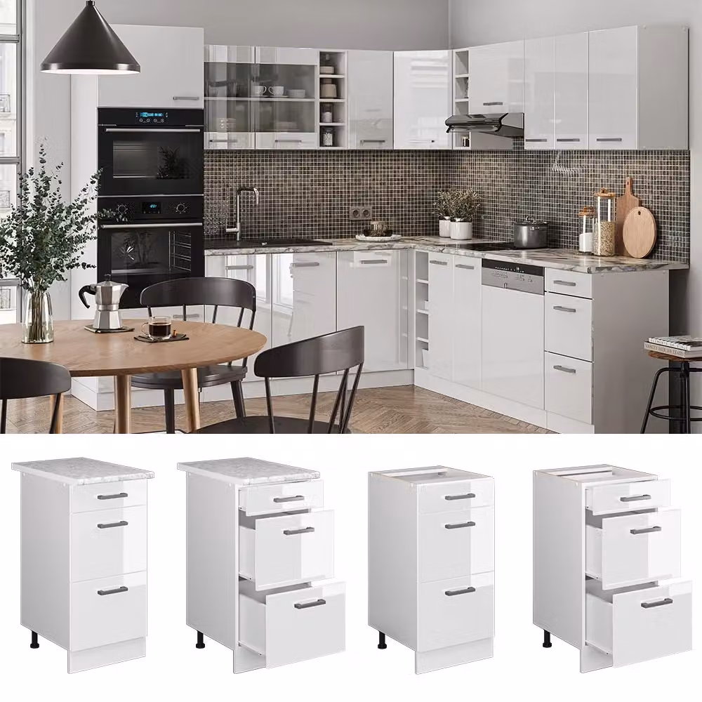 Mobiletto base per cucina Vicco R-Line Bianco lucido con cassetti e finitura Antracite L: 40 cm – 2