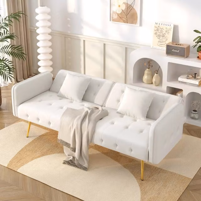 Divano letto 2 posti multifunzione WISHDOR in velluto bianco con schienale regolabile e struttura in legno e metallo