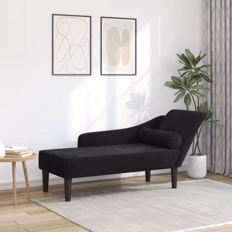 vidaXL Chaise Lounge Moderna in Velluto Nero con Cuscini e Struttura in Legno L: 141,0 cm, P: 55,5 cm, H: 66,5 cm