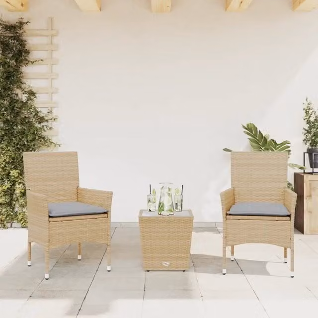 Set da Bistrò vidaXL in Polyrattan e Vetro con Cuscini Beige e Grigio per Giardino e Terrazzo – 1