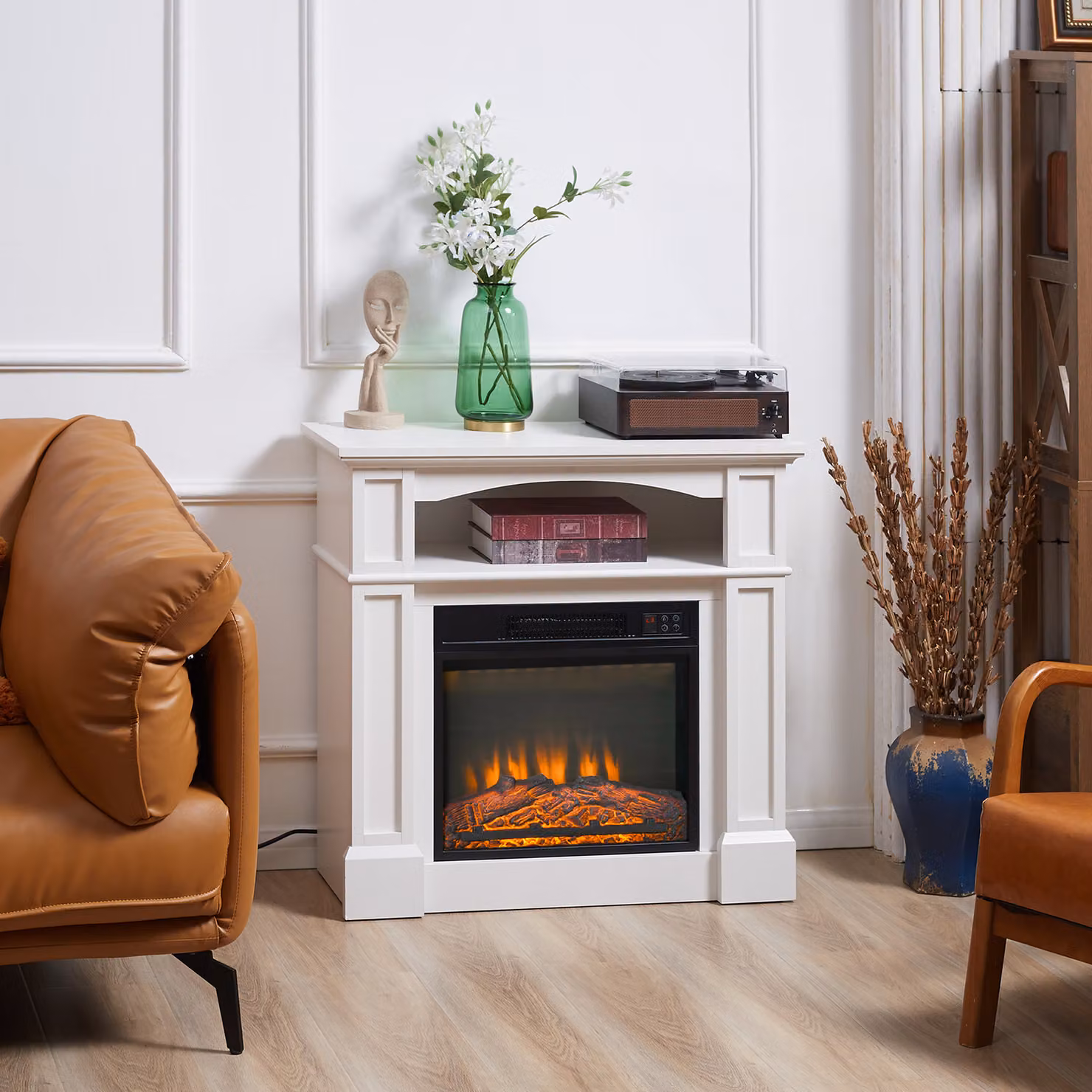 Camino Elettrico HOMCOM con Effetto Fiamma LED Regolabile 1800 W, Telecomando, Timer e Ripiano Integrato, Bianco – 2