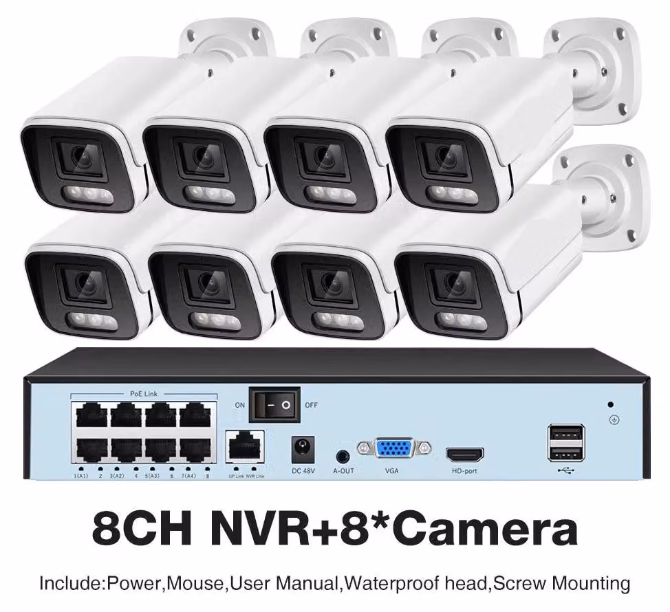 Sistema di videosorveglianza con 8 telecamere, videoregistratore NVR a 8 canali, hard disk da 1TB e visione notturna