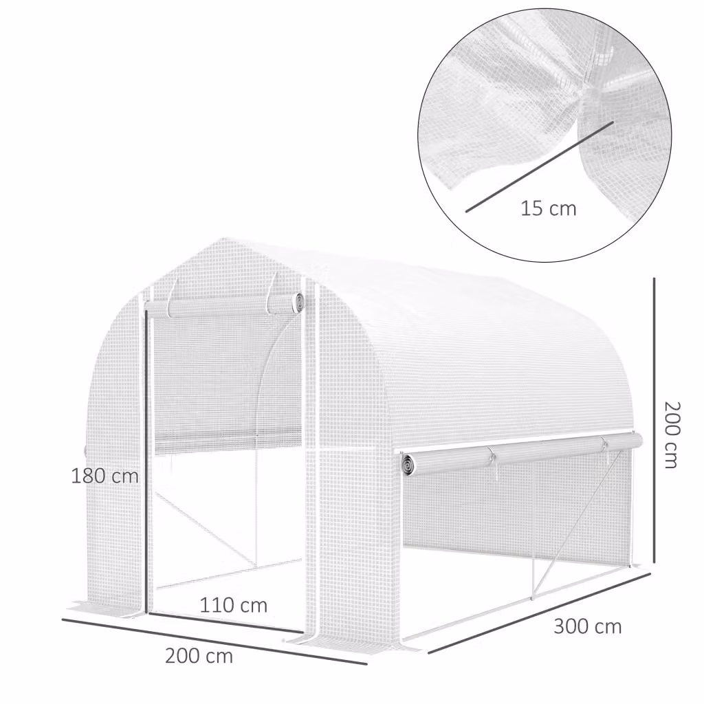 Serra da giardino WISHDOR con struttura in acciaio zincato e copertura in plastica, porta avvolgibile e finestre, bianca, L/P/H: 300 x 200 x 200 cm – 2