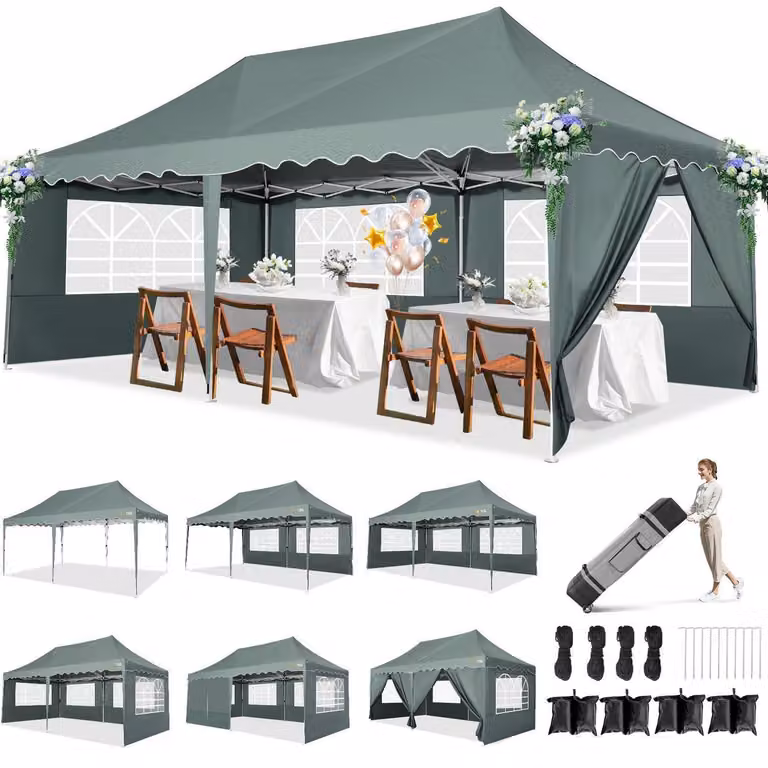 Gazebo da esterno 3x6 metri, grigio, impermeabile, stabile, con 6 pareti laterali, protezione UV 50+, inclusa borsa con ruote