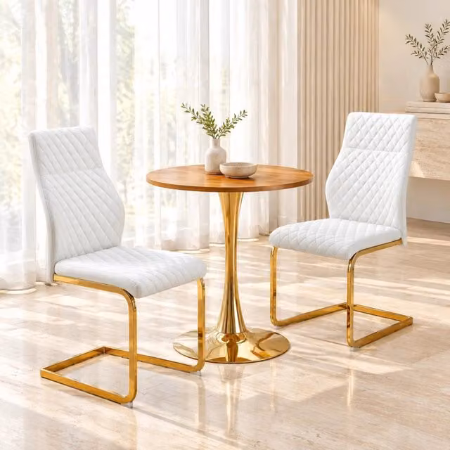 Set tavolo rotondo MIVRAY con 2 sedie da pranzo in similpelle, piano in MDF bianco e oro, L: 120 cm, H: 72 cm