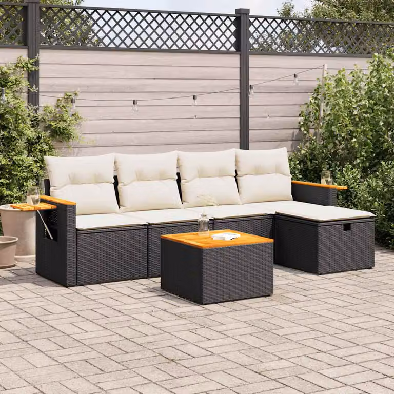 Set Divano da Giardino L-Shape vidaXL in Polyrattan Nero con 6 Pezzi e Cuscini Imbottiti