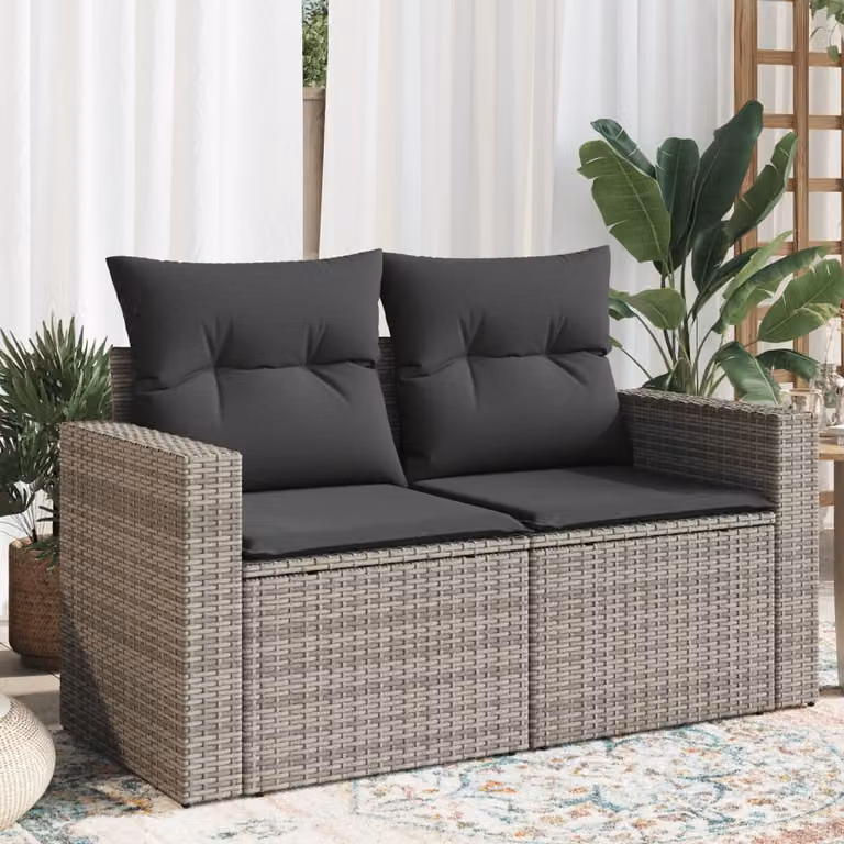 vidaXL Divano da Giardino a 2 Posti in Polyrattan Grigio con Cuscini e Coperture Rimovibili