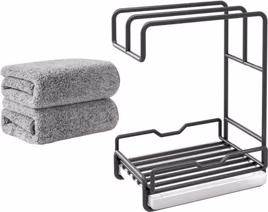 Organizer per lavello da cucina con scarico e portasciugamani - Organizer per spazzole da cucina - Scarico per lavello - Accessorio per il lavello