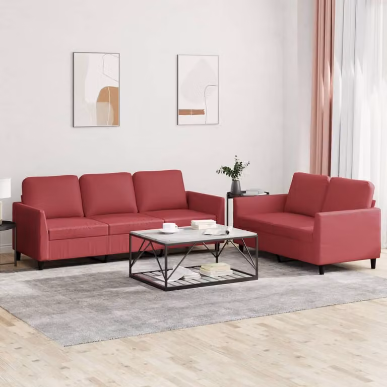 Set di divani vidaXL in similpelle rosso per soggiorno, composto da un divano a 2 posti e un divano a 3 posti con cuscini inclusi