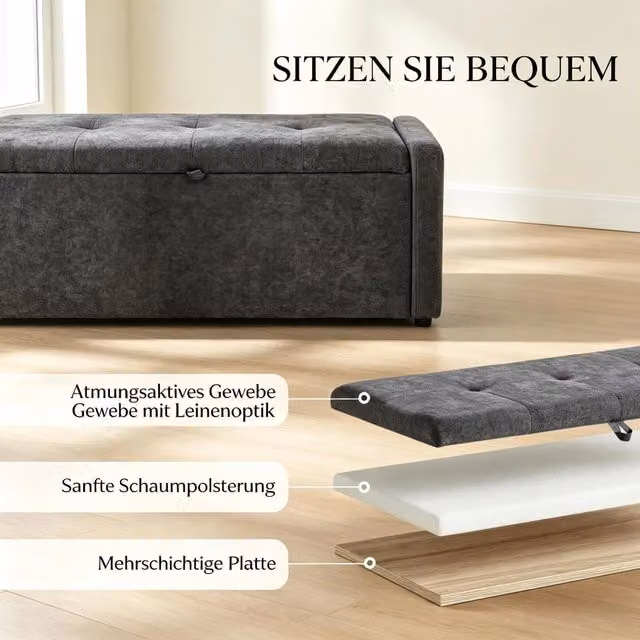 Panca contenitore da letto OKWISH in lino grigio con seduta imbottita e vano portaoggetti L: 122 cm, P: 44 cm, H: 44 cm – 1