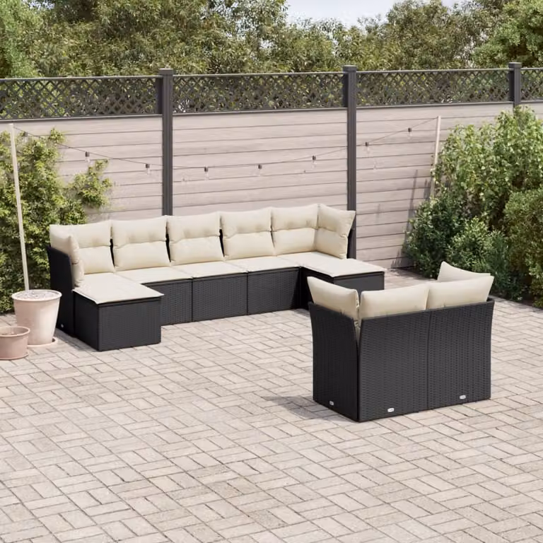 vidaXL Set Divani da Giardino 9 pz a Forma a L con Cuscini in Polyrattan Nero e Struttura in Metallo