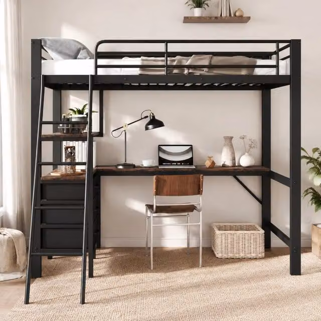 Letto a soppalco MIVRAY con scrivania e 3 cassetti in metallo e MDF, colore nero e noce scuro, L/P/H: 204 x 90 x 180 cm – 1