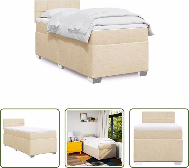 The Living Store Letto a molle con materasso crema 90x200 cm in tessuto