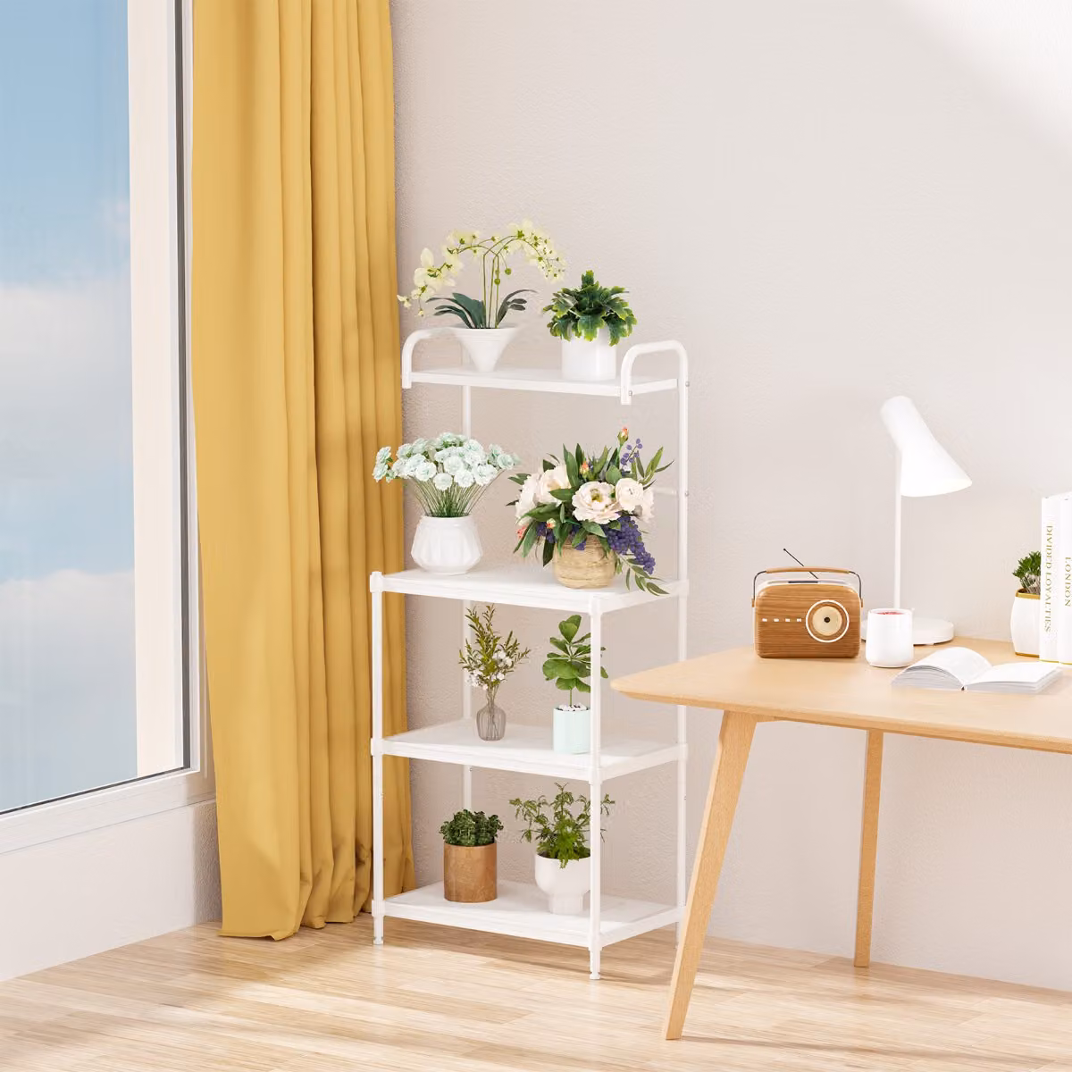 Carrello da cucina multiuso Costway con 4 livelli in metallo e mensole a rete, Bianco