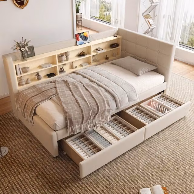 Letto singolo REDOM in tessuto beige con 2 cassetti e porta USB, L/P: 90 x 200 cm