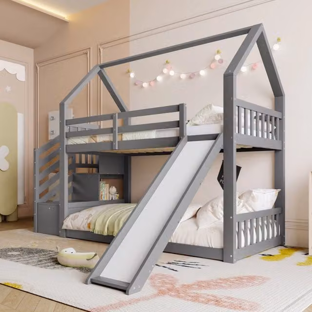 Letto a castello con scivolo e scala contenitore ¨C Minimal ¨C Grigio 90x200cm in legno con ringhiera senza materasso