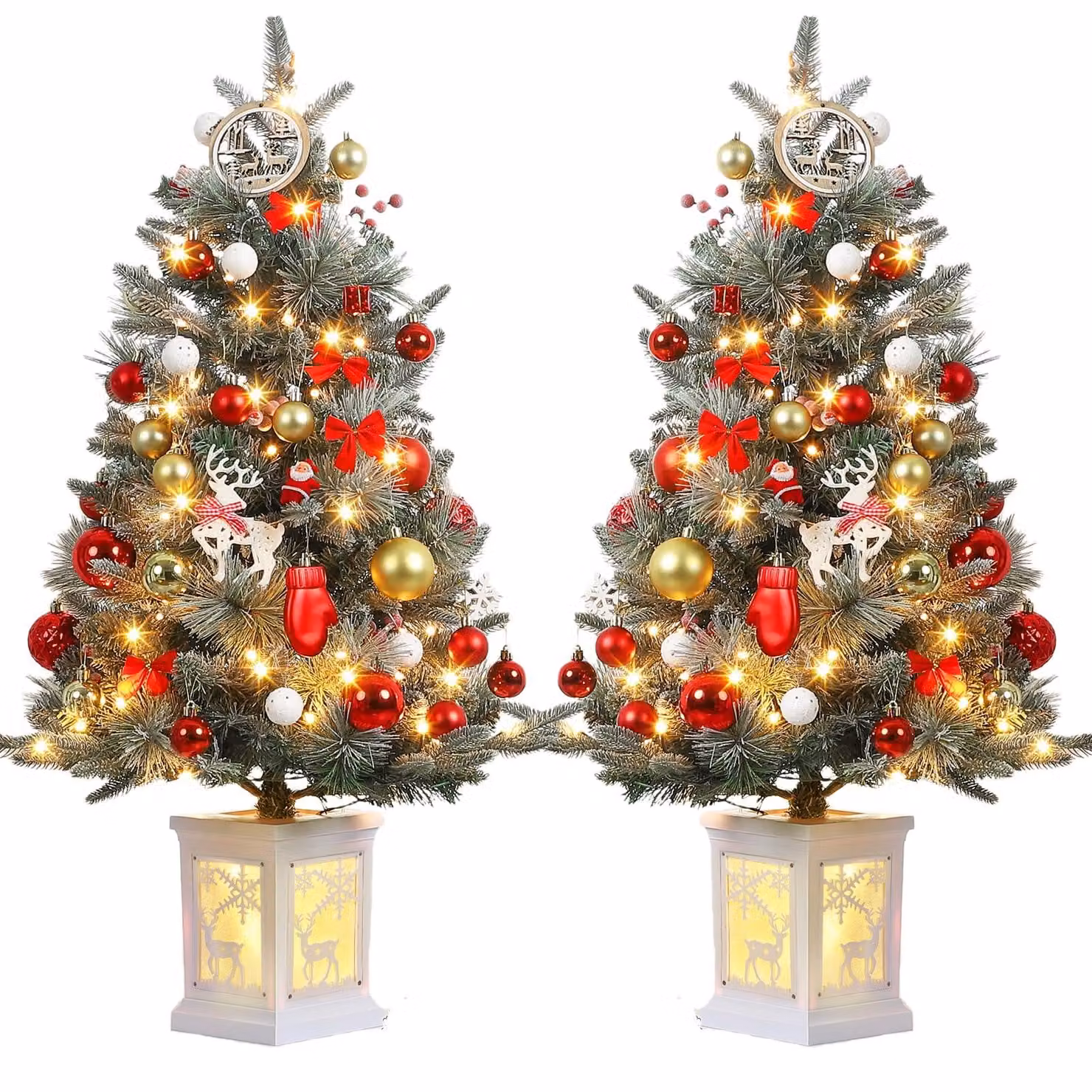 Set di 2 pezzi: Albero di Natale artificiale innevato, altezza 90 cm (3.0 piedi), con fusto denso simile a un abete/pino, illuminato con luci LED e con punte di aghi innevate. Montaggio a cerniera, supporto in metallo