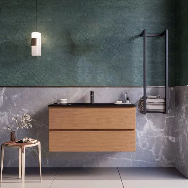Mobile bagno sospeso 80cm rovere cartagena lavabo nero opaco specchio armony, selezione accessori senza specchio