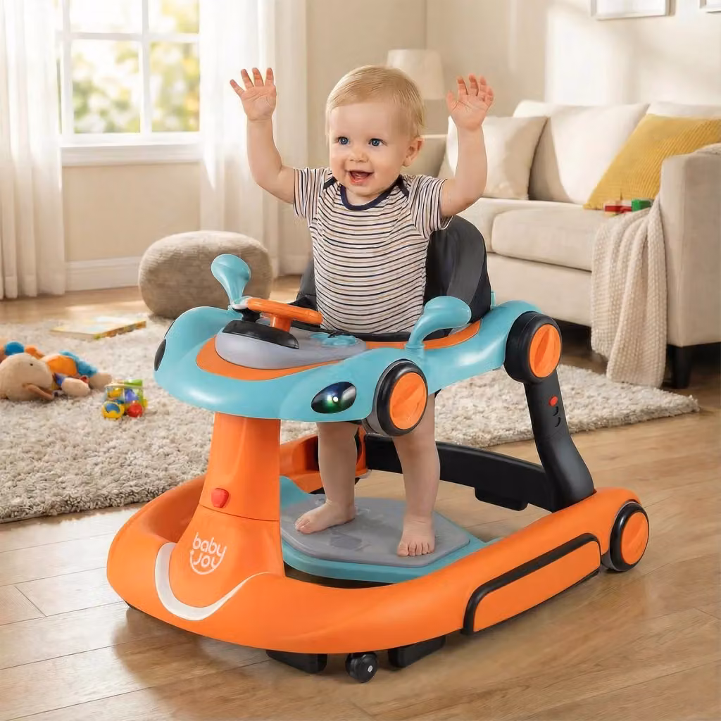 Camminatore 6-in-1 per bambini con tenda, dondolo, altalena e funzioni musicali con luci, modello macchinina arancione per 7-18 mesi – 2