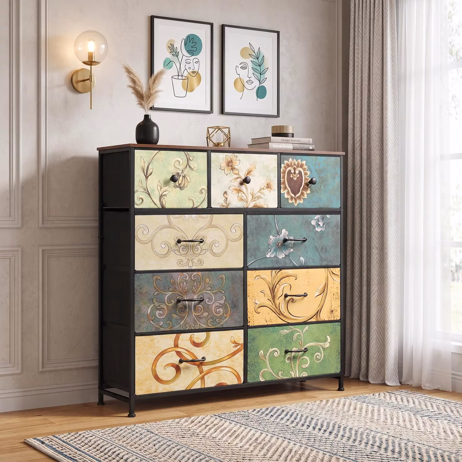 Comodino INONEFT con 9 cassetti rivestiti in tessuto, dimensioni 100x30x100 cm. Mobile contenitore per camera da letto, tipo settimino, con struttura in metallo e superficie in legno, decorato con un motivo floreale vintage