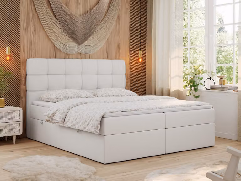 Letto boxspring MKS MEBLE 120x200 con materasso, letto con materasso Multipocket H3 e topper, letto imbottito 120x200 con contenitore e testiera, ERNI - Ecopelle bianca