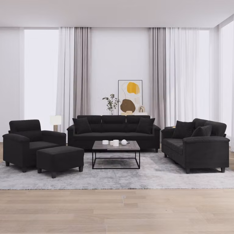 Set di Divani 4 Pezzi vidaXL a Forma di L con Cuscini, Rivestimento in Microfibra Nera e Struttura in Metallo e MDF