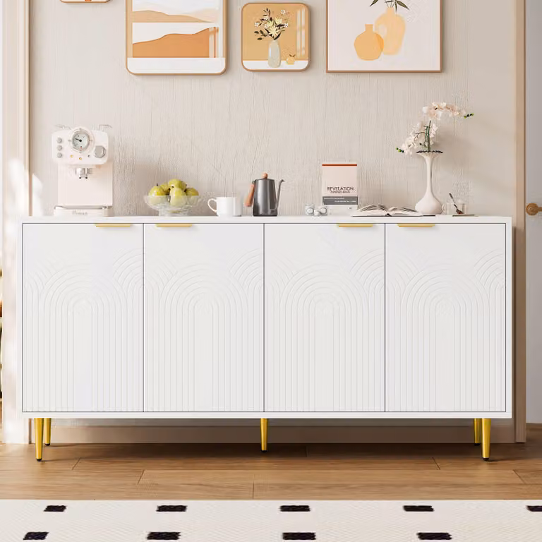 Credenza Flieks con cassettiera a 4 ante, 160x40x80 cm, cassettiera in legno con gambe in metallo dorato, credenza per cucina soggiorno, bianco